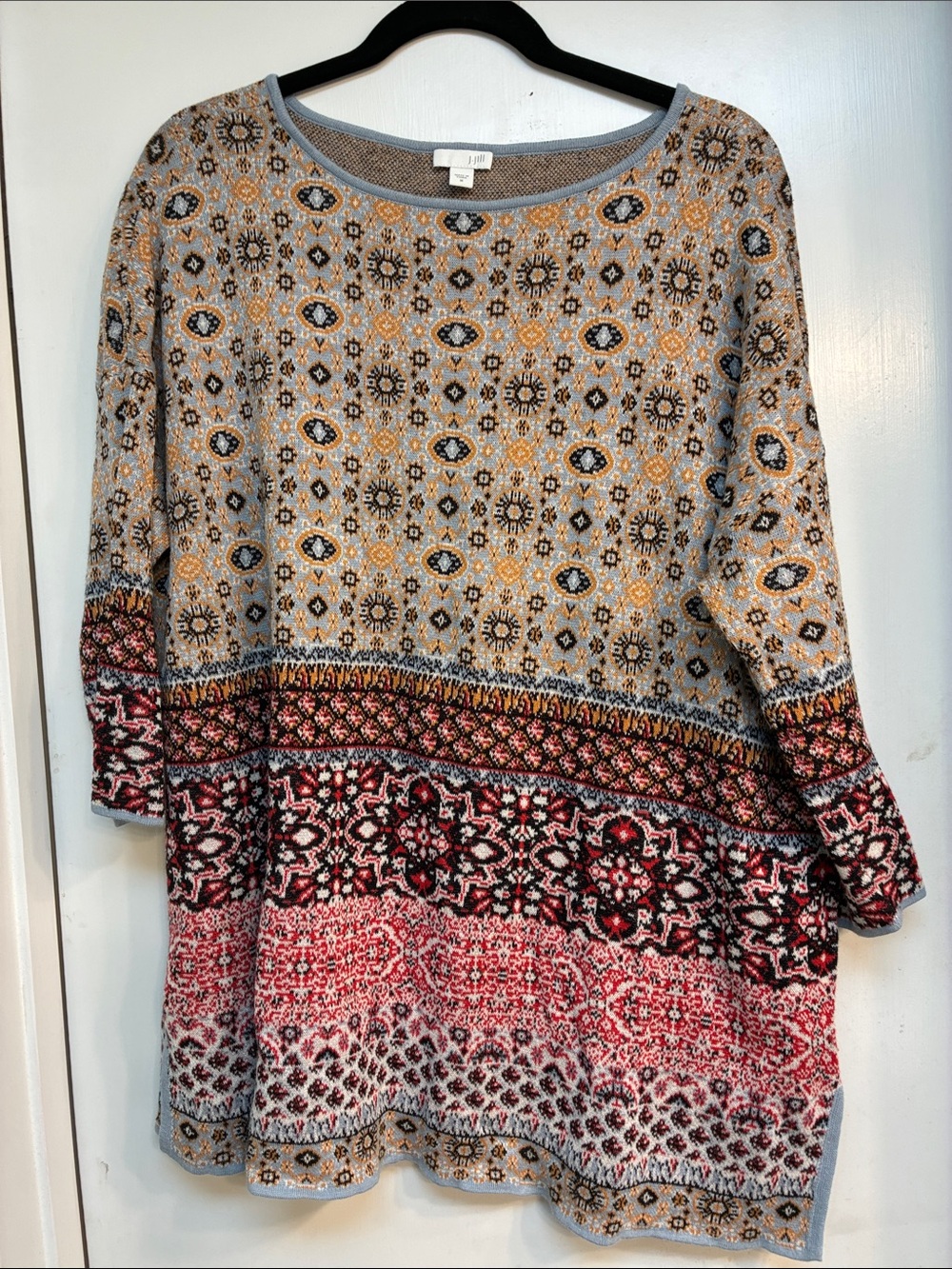 J. Jill Light Blue Knit Sweater with Multicolor Band Pattern